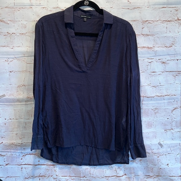 James Perse Shirt Womens 0 Navy Blue Collard Side Split Hem V Neck Blouse Flowy - Picture 1 of 9